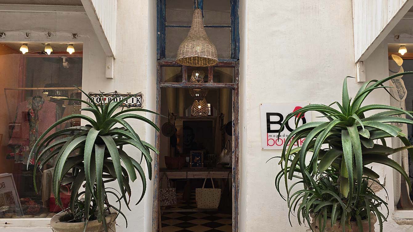 Façade de la boutique Bo Boutik Mogador et ses aloès dans la médina d'Essaouira