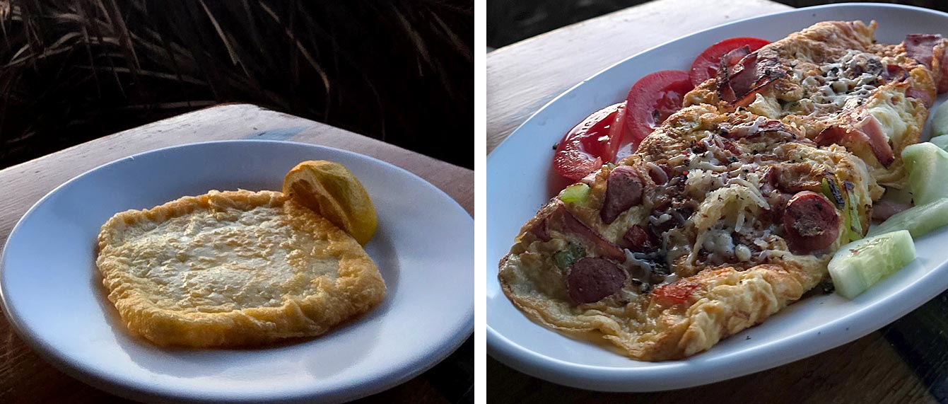 Assiettes : omelettres, fromage à La cantine Livadi Kalogera (Patmos)